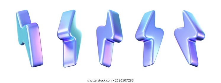 3D holographic lightning icons with a neon and chrome effect isolated on white background. Render of electric thunderbolt with a rainbow gradient. Energy, power and speed icon. 3D vector illustration