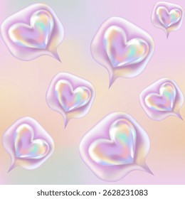 3d Holographic Like icon or Message Heart Seamless pattern. Chrome Hearts in Y2K style on Pink, Orange gradient background. Future galaxy aesthetic, 3D chrome bubble art. Metal glossy abstract art.