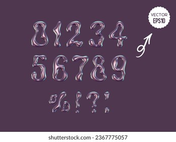 3d holographic liquid curved numbers and marks. Purple handwritten metallic design elements. Vector illustration.