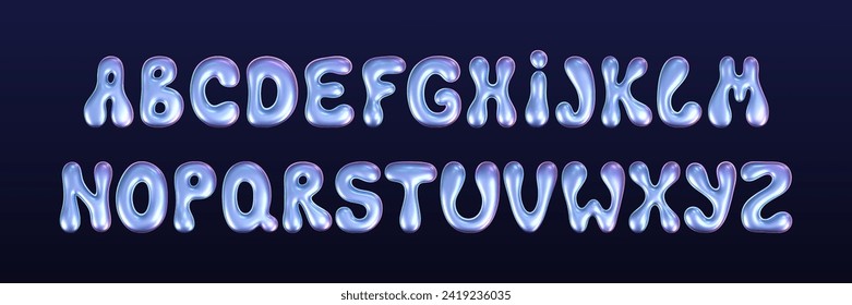 3d holographic liquid font in y2k style isolated on a dark background. Render of 3d neon inflated iridescent alphabet with rainbow effect. 3d vector y2k hologram set of letters