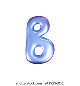 3d holographic liquid letter B in y2k style isolated on a white background. Render of 3d neon inflated iridescent alphabet with rainbow effect. 3d vector y2k hologram letter