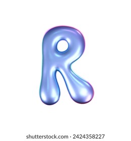 3d holographic liquid letter R in y2k style isolated on a white background. Render of 3d neon inflated iridescent alphabet with rainbow effect. 3d vector y2k hologram letter