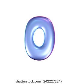 3d holographic liquid number 0 in y2k style isolated on a white background. Render of 3d neon inflated iridescent numbers with rainbow effect. 3d vector y2k hologram