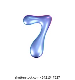 3d holographic liquid number 7 in y2k style isolated on a white background. Render of 3d neon inflated iridescent numbers with rainbow effect. 3d vector y2k hologram