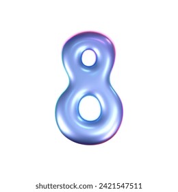 3d holographic liquid number 8 in y2k style isolated on a white background. Render of 3d neon inflated iridescent numbers with rainbow effect. 3d vector y2k hologram