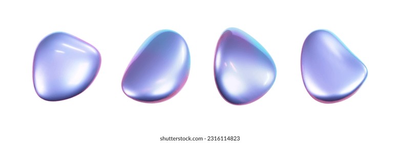 3 d forma holográfica líquida, burbuja de líquido cromada iridiscente aislada sobre fondo blanco. Representación del blob de metal holográfico abstracto con efecto gradiente arco iris. Ilustración geométrica vectorial 3d