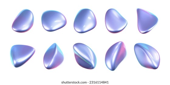 3 d forma holográfica líquida, burbuja de líquido cromada iridiscente aislada sobre fondo blanco. Representación del blob de metal holográfico abstracto con efecto gradiente arco iris. Ilustración geométrica vectorial 3d