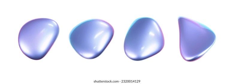 3d holographic liquid shape, iridescent chrome fluid bubble set isolated on white background. Render of abstract holographic metal blob with rainbow gradient effect. 3d vector geometric illustration