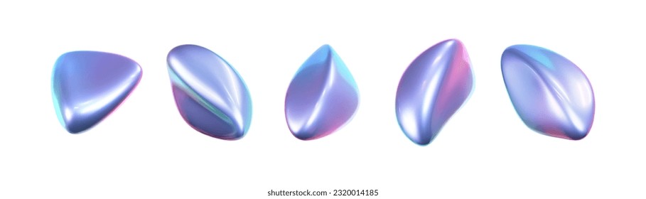 3d holographic liquid shape, iridescent chrome fluid bubble set isolated on white background. Render of abstract holographic metal blob with rainbow gradient effect. 3d vector geometric illustration