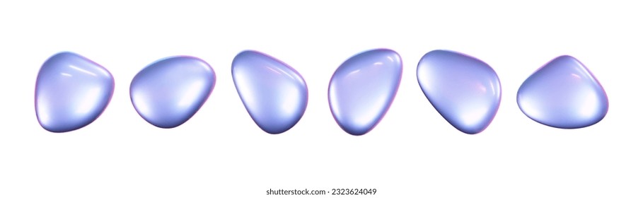 3d holographic liquid shape, iridescent chrome fluid bubble set isolated on white background. Render of abstract holographic metal blob with rainbow gradient effect. 3d vector geometric illustration