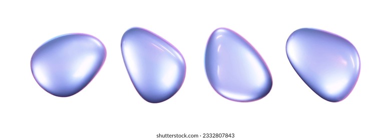 3d holographic liquid shape, iridescent chrome fluid bubble set isolated on white background. Render of abstract holographic metal blob with rainbow gradient effect. 3d vector geometric illustration