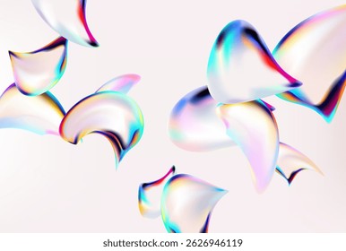 3D Holographic liquid shapes. Colorful iridescent bubble on white background. Abstract vector frame.	