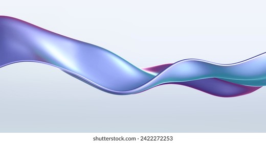 3d holographic liquid wave, iridescent chrome fluid silk fabric isolated on light background. Render of neon metal ribbon with rainbow gradient effect flying in motion. 3d vector geometric background