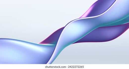 3d holographic liquid wave, iridescent chrome fluid silk fabric isolated on light background. Render of neon metal ribbon with rainbow gradient effect flying in motion. 3d vector geometric background