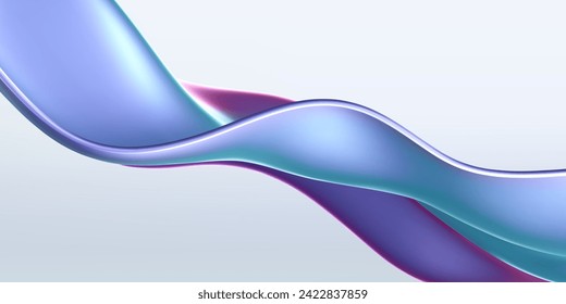 3d holographic liquid wave, iridescent chrome fluid silk fabric isolated on light background. Render of neon metal ribbon with rainbow gradient effect flying in motion. 3d vector geometric background