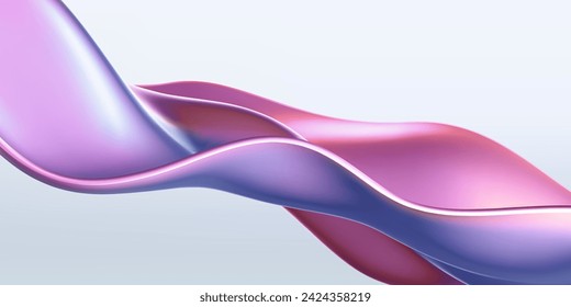 3d holographic liquid wave, iridescent chrome fluid silk fabric isolated on light background. Render of neon metal ribbon with rainbow gradient effect flying in motion. 3d vector geometric background