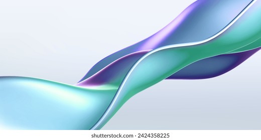 3d holographic liquid wave, iridescent chrome fluid silk fabric isolated on light background. Render of neon metal ribbon with rainbow gradient effect flying in motion. 3d vector geometric background