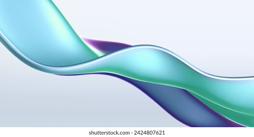 3d holographic liquid wave, iridescent chrome fluid silk fabric isolated on light background. Render of neon metal ribbon with rainbow gradient effect flying in motion. 3d vector geometric background