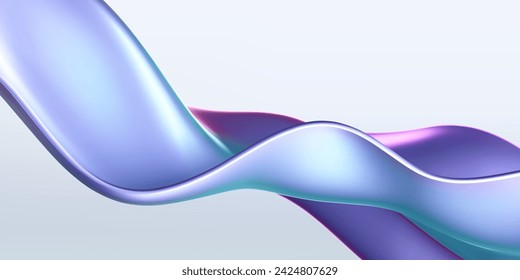 3d holographic liquid wave, iridescent chrome fluid silk fabric isolated on light background. Render of neon metal ribbon with rainbow gradient effect flying in motion. 3d vector geometric background