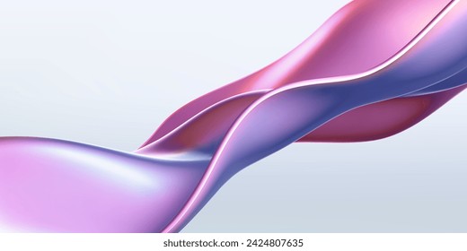 3d holographic liquid wave, iridescent chrome fluid silk fabric isolated on light background. Render of neon metal ribbon with rainbow gradient effect flying in motion. 3d vector geometric background