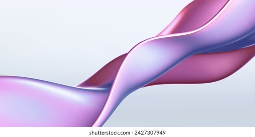 3d holographic liquid wave, iridescent chrome fluid silk fabric isolated on light background. Render of neon metal ribbon with rainbow gradient effect flying in motion. 3d vector geometric background