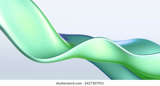 3D holografische Flüssigkeitswelle, irisierendes Chrom Fluid Seidengewebe isoliert auf hellem Hintergrund. Render von Neon-Metallband mit Regenbogen-Gradienteneffekt, der in Bewegung fliegt. Geometrischer 3D-Vektorhintergrund