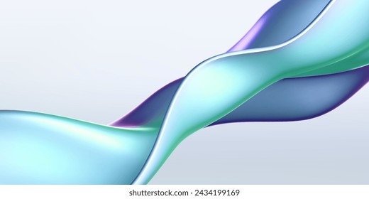 3d holographic liquid wave, iridescent chrome fluid silk fabric isolated on light background. Render of neon metal ribbon with rainbow gradient effect flying in motion. 3d vector geometric background