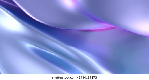 3d holographic liquid wavy texture, iridescent silk fabric background or rainbow smooth metal foil. Render of hologram cloth with wavy folds, shiny gradient effect in motion. 3d vector chrome texture