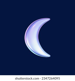 3d holographic moon icon in y2k futuristic style isolated on dark background. Render 3d cyber chrome galaxy moon emoji with blings and sparks. 3d vector y2k illustration