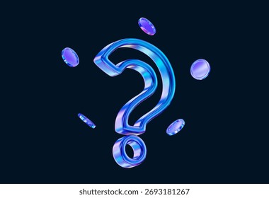 3d holographic or neon question mark icon with flying coins. Faq problem solution symbol. Stock vector illustration on dark isolated background.