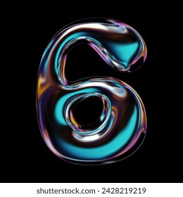 3D holographic number 6, glass or liquid metal in neon rainbow colors.  Six numeral sign in inflated balloon bubble shape with glossy iridescent surface. Isolated Y2K retro futuristic vector