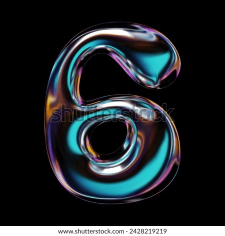 3D holographic number 6, glass or liquid metal in neon rainbow colors.  Six numeral sign in inflated balloon bubble shape with glossy iridescent surface. Isolated Y2K retro futuristic vector