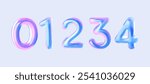 3D holographic numbers 0, 1, 2, 3, 4. Set of liquid-style numbers for birthdays, bonuses, New Year, and promotions. Vector illustration in purple and blue tones.