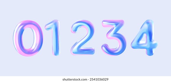 3D holographic numbers 0, 1, 2, 3, 4. Set of liquid-style numbers for birthdays, bonuses, New Year, and promotions. Vector illustration in purple and blue tones.