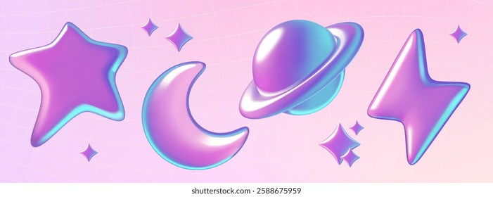 3d holographic planet, moon, star and lightning stickers in y2k style. Vector cosmic iridescent shapes on gradient background.