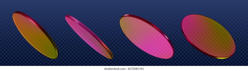 3d holographic podium discs with gradient colors from pink to yellow. Glossy metallic ovals floating on transparent background for futuristic product display. Iridescent surfaces at various angles.