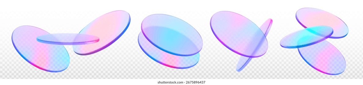 Elementos de pódio holográfico 3d com discos de gradiente translúcidos. Ovais flutuantes cor-de-rosa iridescente, azuis e roxas sobrepostos em fundo transparente para design de exibição moderno. Superfícies em forma de vidro.