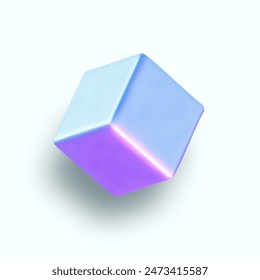 3d holographic primutive shape. Render of 3d neon iridescent cube with rainbow effect. Realistic 3d vector illustration