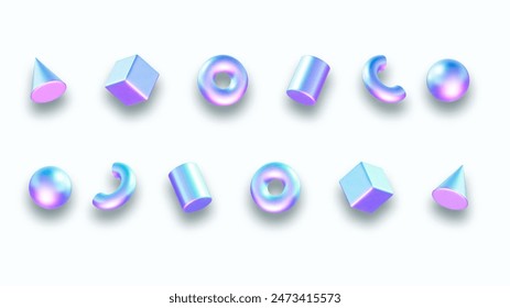 3d holographic primutive shapes isolated on blue background. Render of 3d neon iridescent sphere,torus,cube with rainbow effect. 3d vector hologram set