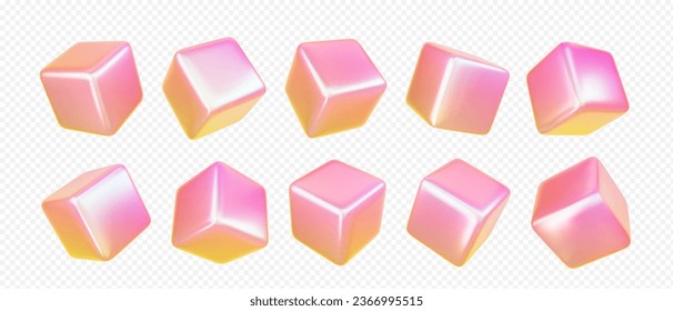 cubo de prisma holográfico 3d con luz abstracta. Forma de cúbico cuadrado isométrico en rosa iridiscente. Geometría voladora futurista objeto de polígono con ilustración de efecto de brillo holograma. Figura de textura matemática