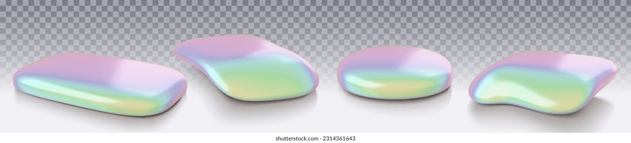 Fondo de piedra de podio del producto holográfico 3d. Estadio abstracto rosa, azul, verde pastel para la ilustración de simulación de vector estudio. Realista plataforma de gradiente y2k con sombra aislada para galería