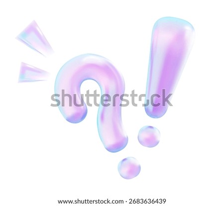 3D holographic question and exclamation marks with glowing light rays isolated on white background for emotion, surprise and digital design