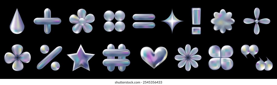 3d holographic retro 90 icons set. Chrome Heart, Hashtag, Percent, Star, Daisy Flowers, abstract shapes isolated on black. Future galaxy aesthetic, 3D chrome bubble art. Metal glossy sticker set.