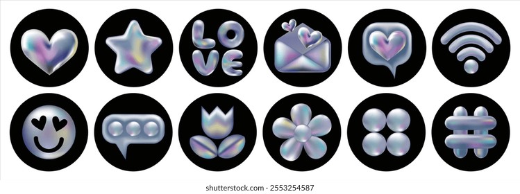 3d holographic retro 90 icons set. Chrome Heart, Star, Hashtag, Envelope, Wi-Fi, Daisy Flowers, Smile,   isolated on black. Future galaxy aesthetic, 3D chrome bubble art. Metal glossy sticker set.