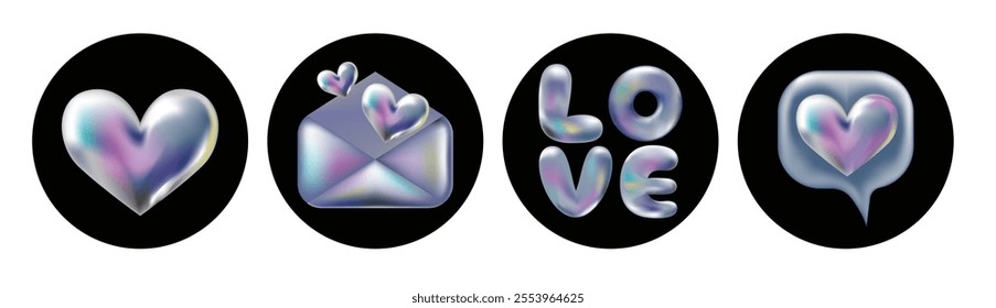 3d holographic retro 90 icons set. Chrome Heart, Envelope, Love, Like Sign isolated on black. Future galaxy aesthetic, 3D chrome bubble art. Metal glossy sticker set.