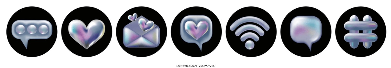 3d holographic retro 90 icons set. Chrome Heart, Speech Bubble, Hashtag, Envelope, Wi-Fi Sign isolated on black. Future galaxy aesthetic, 3D chrome bubble art. Metal glossy sticker set.