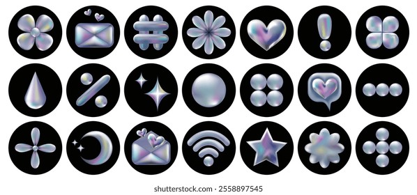 3d holographic retro 90 icons set. Chrome Heart, Star, Hashtag, Envelope, Wi-Fi, Daisy Flowers, Moon isolated on black. Future galaxy aesthetic, 3D chrome bubble art. Metal glossy sticker set.