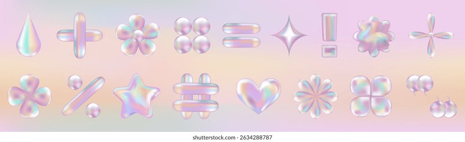 3d holográfico retro 90 ícones conjunto. Coração Cromado Rosa, Hashtag, Percentual, Estrela, Flores Margaridas, formas abstratas em fundo gradiente. Futura galáxia estética, 3D cromo arte bolha. Conjunto adesivo brilhante.