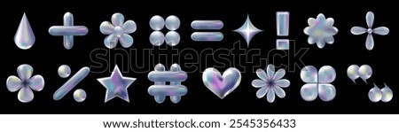 3d holographic retro 90 icons set. Chrome Heart, Hashtag, Percent, Star, Daisy Flowers, abstract shapes isolated on black. Future galaxy aesthetic, 3D chrome bubble art. Metal glossy sticker set.