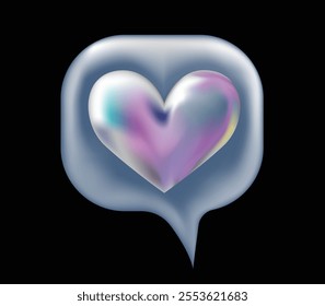 3d holographic retro 90 Like Icon . Chrome Heart in a Speech Bubble Sign isolated on black. Future galaxy aesthetic, 3D chrome bubble art. Metal glossy sticker.